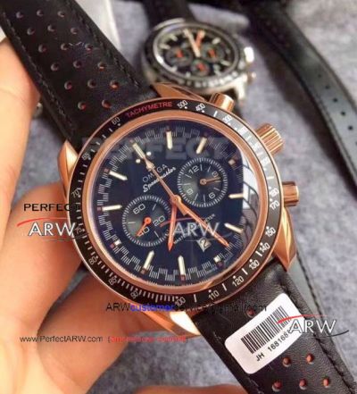 Perfect Replica Omega Speedmaster Racing Master Watch Rose Gold Black Bezel